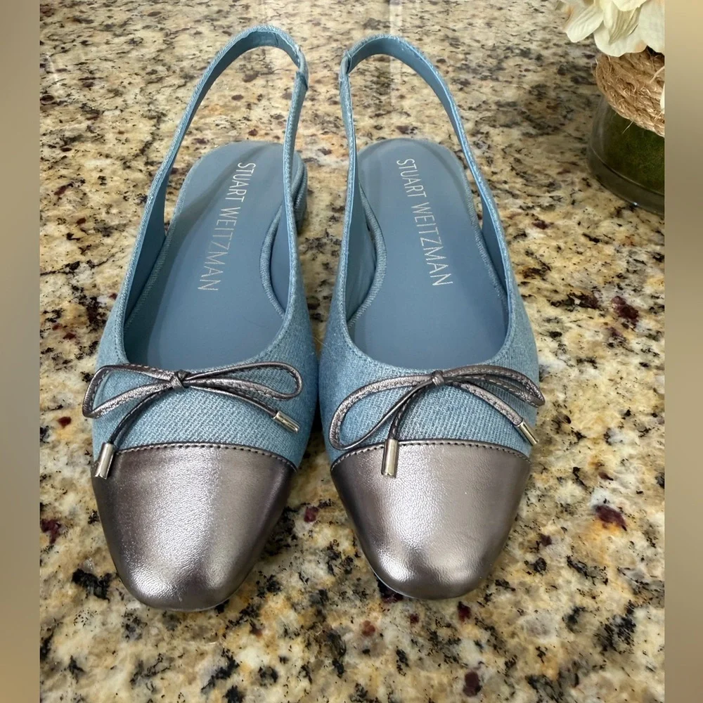 NWOT Stuart Weitzman Sleek Denim Bow Slingback Flat, Size 7.5